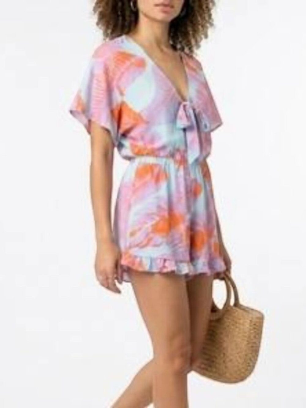 Buddy Love Sky Blue Pastel Pink & Orange Tropical Leaf Bow Tie Front Romper
